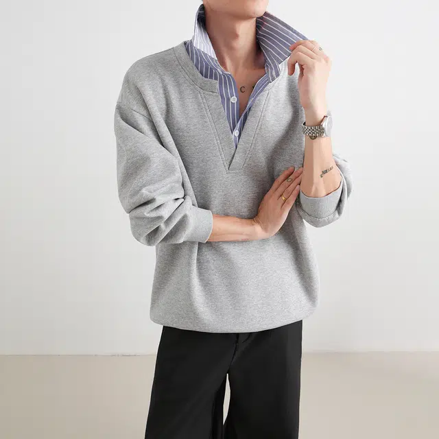 哲源 美式复古学院风长袖简约纯色拼接假两件条纹翻领设计感男款春秋外套潮牌百搭宽松舒适日常通勤时尚痞帅休闲卫衣 男女同款