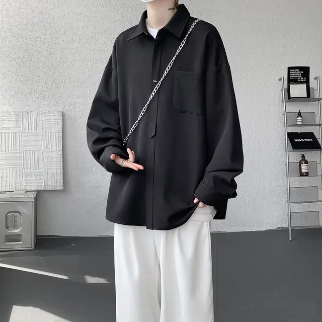 哲源 美式复古解构拼接简约基础款春秋外套潮牌百搭宽松舒适免烫叠穿日常通勤垂感慵懒长袖上衣衬衫 男女同款