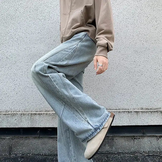 哲源 美式复古高街风基础款长裤水洗做旧侧边拼接渐变简约设计感阔腿裤潮牌百搭宽松舒适显高显瘦休闲微喇牛仔裤 男女同款