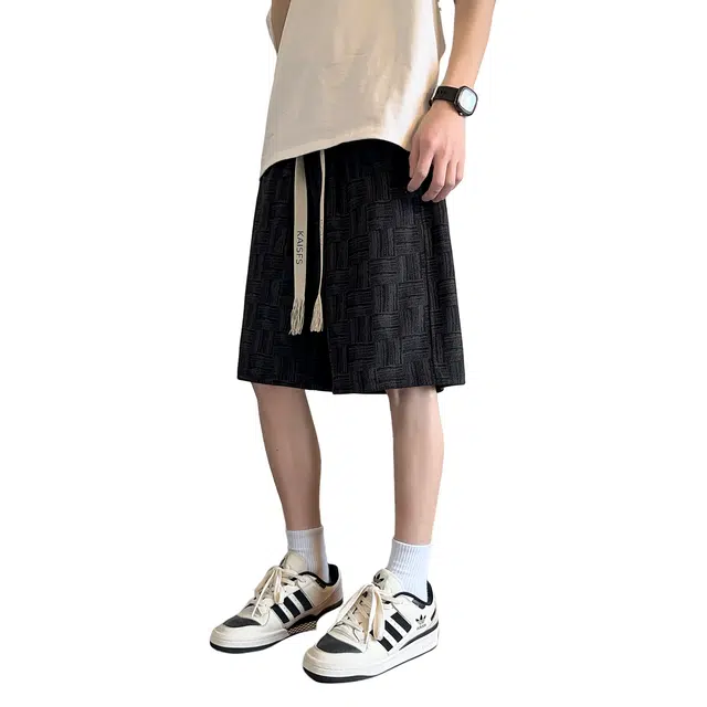 哲源 美式复古高街简约潮流系带小众设计感小香风千鸟格子直筒宽松时尚百搭舒适柔软薄款通勤运动基础款休闲短裤 男女同款