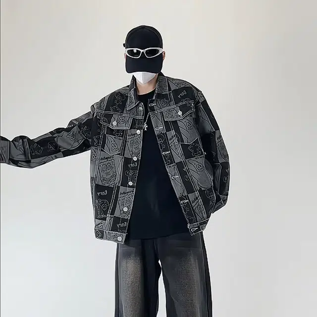 哲源 美式高街复古风涂鸦印花水洗做旧设计感潮牌百搭少年感宽松舒适工装机能风休闲牛仔夹克外套 男女同款