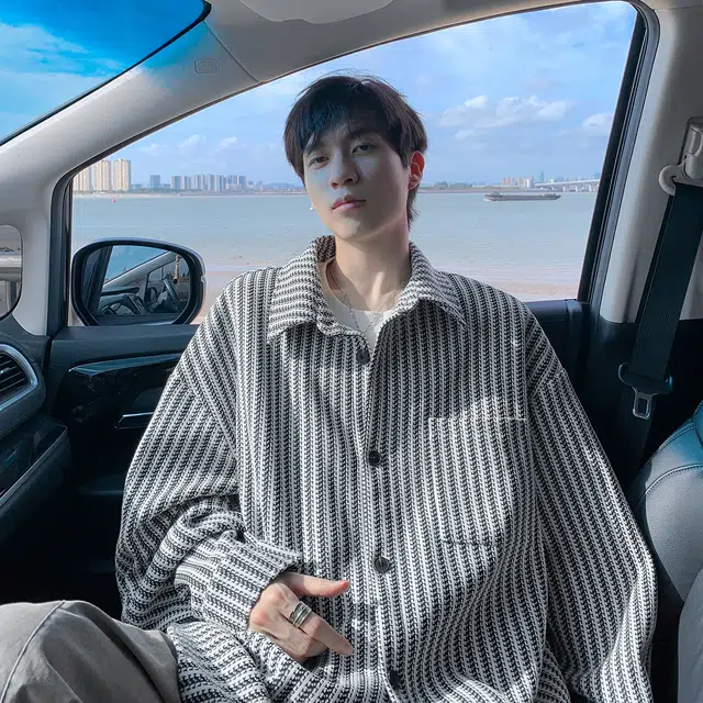 哲源 美式高街学院风秋季复古鱼骨条纹翻领单排扣设计感上衣潮牌百搭宽松舒适慵懒垂感情侣款休闲衬衫 男女同款