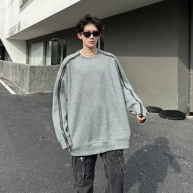 哲源 美式复古华棉长拉链拼接小众设计感男款春秋外套简约纯色圆领套头衫潮牌百搭宽松舒适潮流痞帅无帽休闲卫衣 男女同款