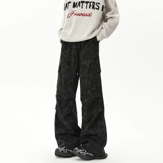 哲源 美式复古高街风长裤褶皱大口袋户外山系中腰松紧系带设计感工装裤潮牌百搭宽松舒适日常通勤显高显瘦直筒阔腿休闲裤 男女同款