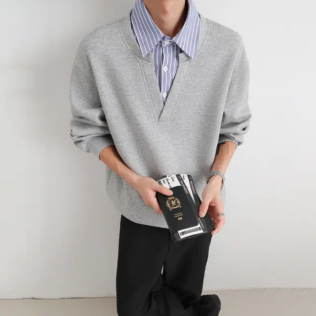 哲源 美式复古学院风长袖简约纯色拼接假两件条纹翻领设计感男款春秋外套潮牌百搭宽松舒适日常通勤时尚痞帅休闲卫衣 男女同款