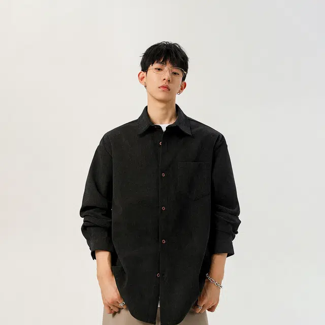 哲源 美式复古高街港风日系学院风纯色条纹设计感上衣潮牌百搭宽松舒适潮流痞帅翻领大码休闲衬衫 男女同款