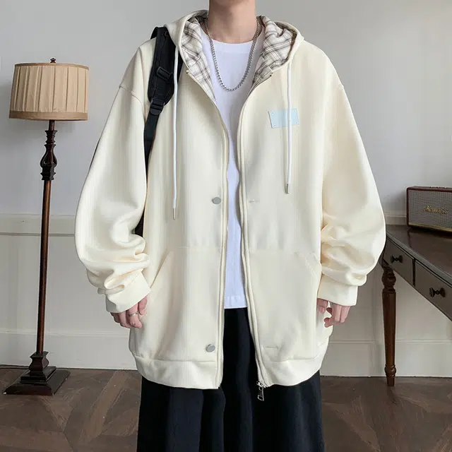 哲源 美式高街复古简约风上衣纯色基础款开衫设计感外套潮牌百搭宽松舒适休闲连帽卫衣 男女同款