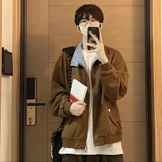 哲源 美式复古飞行员工装上衣格子拼接麂皮绒立体刺绣设计感潮牌百搭舒适休闲夹克外套 男女同款