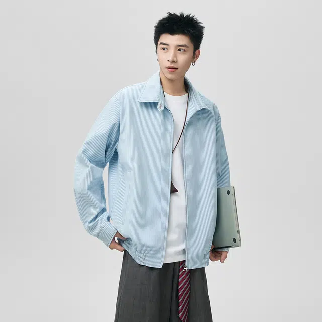 哲源 美式复古简约条纹翻领拉链设计感男款春秋外套潮牌时尚宽松舒适日常百搭高级感休闲夹克 男女同款