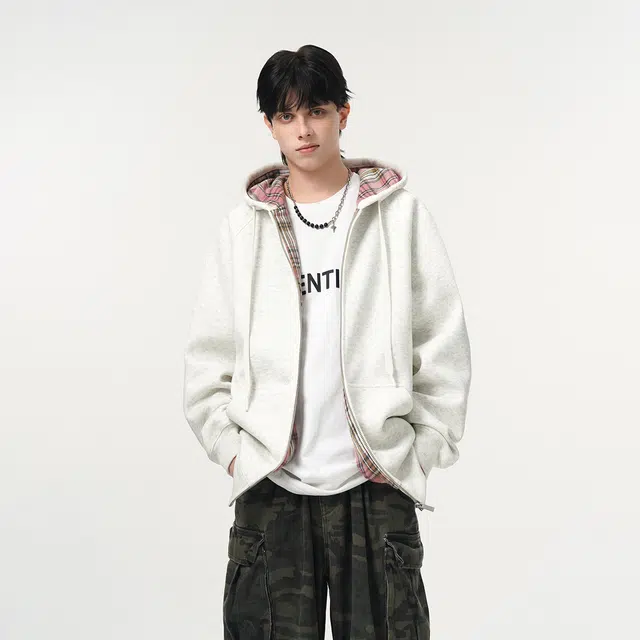 哲源 美式复古重磅开衫连帽男款春秋外套格子拼接设计感上衣潮牌百搭宽松舒适潮流痞帅情侣款休闲卫衣 男女同款