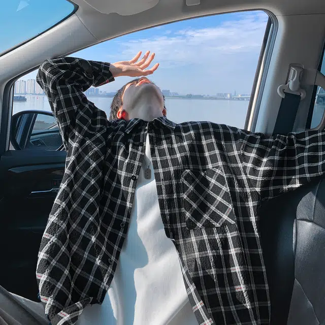 哲源 美式高街复古学院风长袖单排扣设计感情侣款翻领休闲衬衫 男女同款