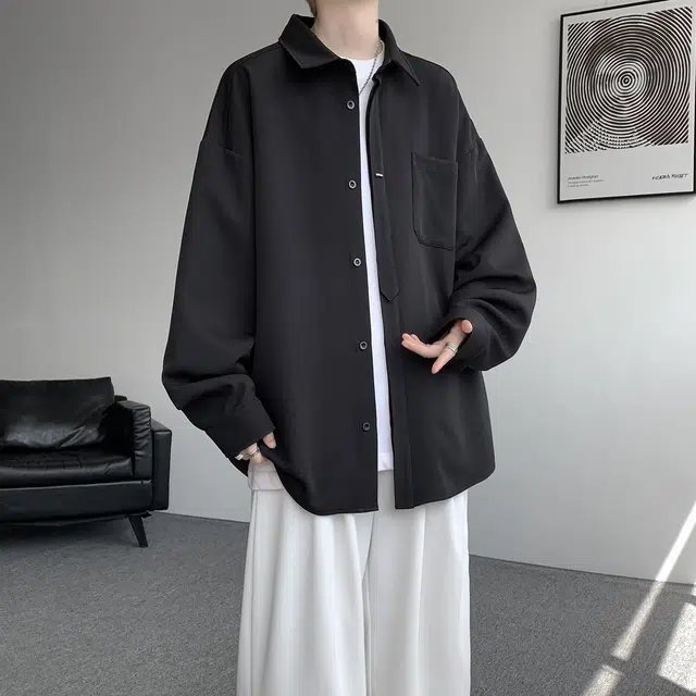 哲源 美式复古解构拼接简约基础款春秋外套潮牌百搭宽松舒适免烫叠穿日常通勤垂感慵懒长袖上衣衬衫 男女同款