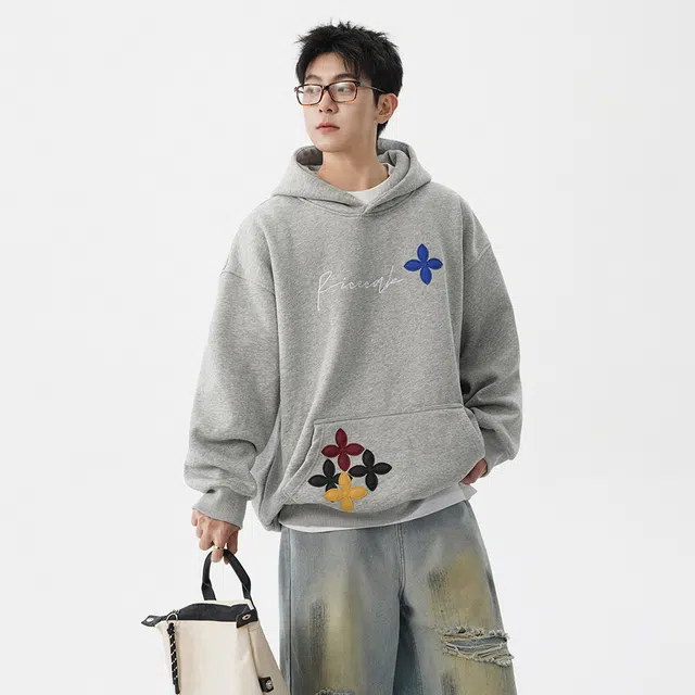 哲源 美式复古重磅字母花卉贴布刺绣设计感春秋外套潮牌舒适日常通勤百搭宽松休闲连帽卫衣 男女同款
