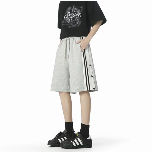 哲源 美式复古高街风户外街头拼接撞色薄款透气侧条纹侧面排扣设计百搭潮流系带直筒五分休闲短裤 男女同款