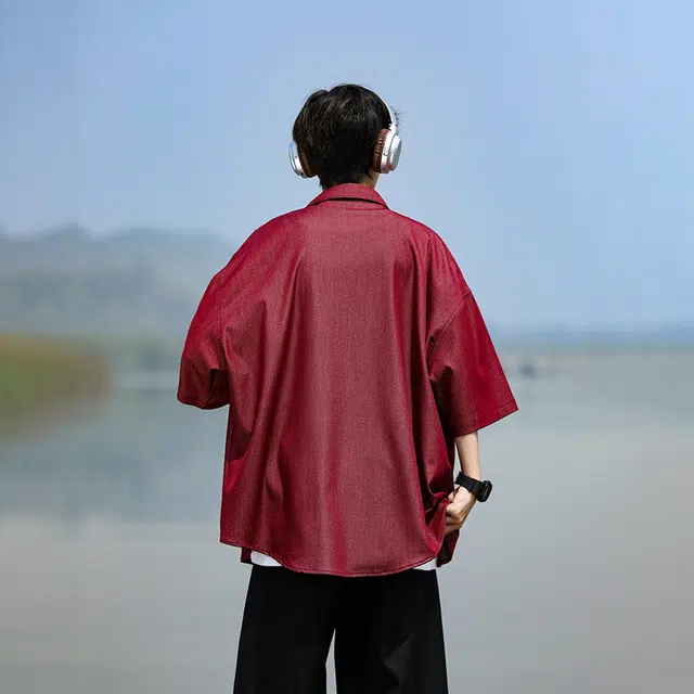 哲源 美式复古高街基础款冰丝牛仔垂感飘逸顺滑凉感高级感简约纯色无性别主义柔软亲肤舒适休闲百搭翻领短袖衬衫 男女同款