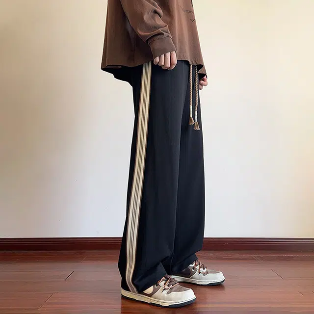 哲源  美式复古高街阔腿裤简约纯色侧边条纹抽绳设计感卫裤潮牌百搭宽松舒适垂感弹力显高显瘦直筒休闲裤 男女同款