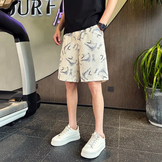 哲源 美式复古高街鲨鱼印花五分裤潮牌阔腿宽松中裤无性别主义青少年篮球运动卫裤日常通勤百搭运动速干休闲短裤 男女同款