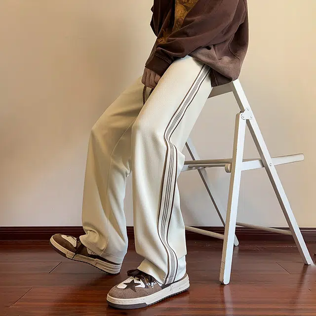 哲源  美式复古高街阔腿裤简约纯色侧边条纹抽绳设计感卫裤潮牌百搭宽松舒适垂感弹力显高显瘦直筒休闲裤 男女同款