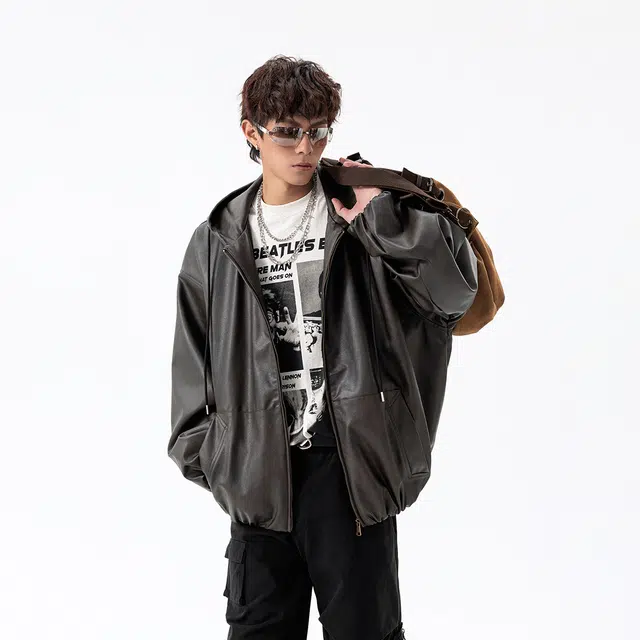 哲源 美式复古高街风连帽皮衣纯色简约设计感飞行员外套潮牌百搭宽松舒适防风防水潮流痞帅休闲夹克 男女同款