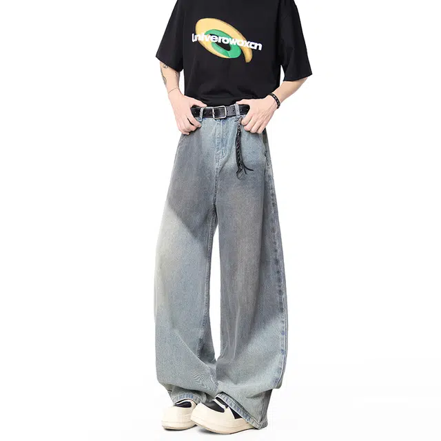 哲源 美式高街复古拼接撞色设计感夏季薄款垂感百搭水洗做旧阔腿弯刀裤日常通勤舒适痞帅时尚宽松牛仔裤 男女同款