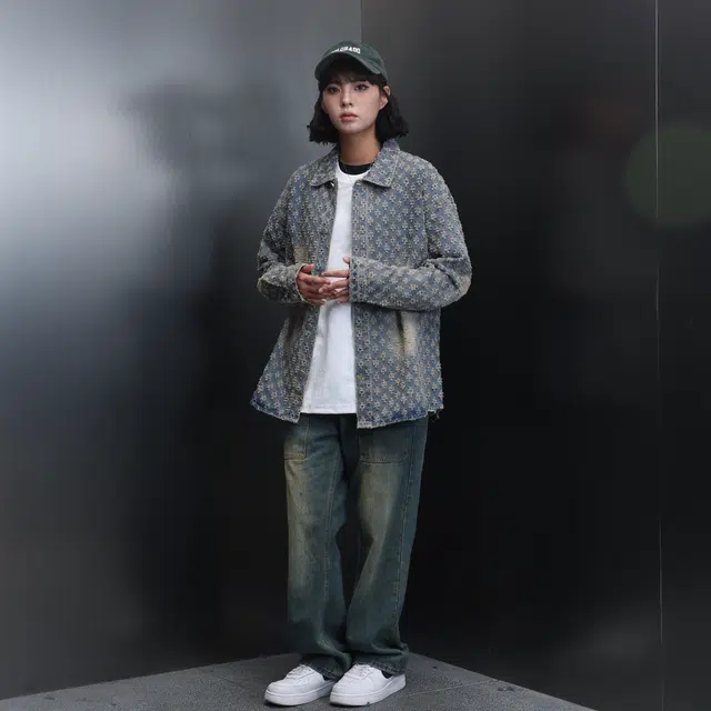 哲源 美式高街复古风提花满印水洗做旧设计感外套潮牌百搭宽松休闲痞帅时尚翻领耐磨基础款牛仔夹克 男女同款