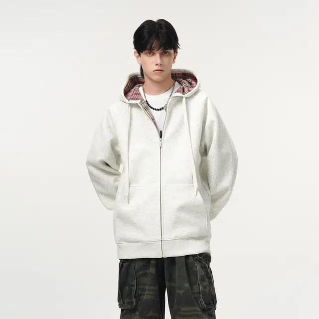 哲源 美式复古重磅开衫连帽男款春秋外套格子拼接设计感上衣潮牌百搭宽松舒适潮流痞帅情侣款休闲卫衣 男女同款