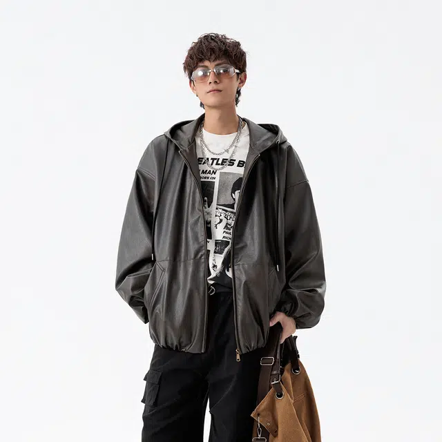 哲源 美式复古高街风连帽皮衣纯色简约设计感飞行员外套潮牌百搭宽松舒适防风防水潮流痞帅休闲夹克 男女同款