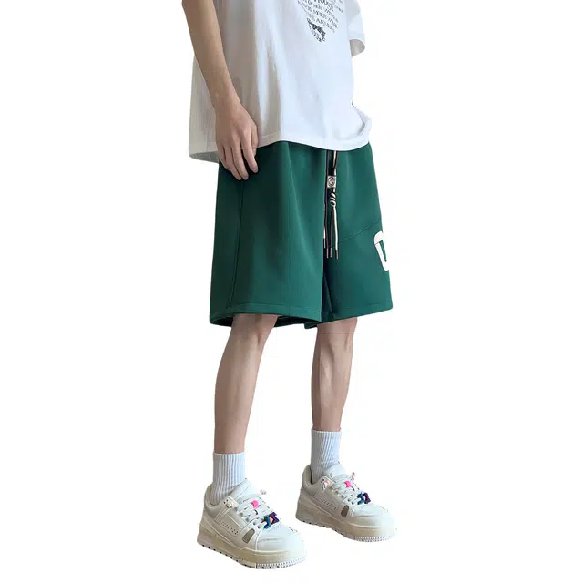 哲源 美式潮流高街字母时尚发泡印设计系带青少年宽松大码舒适亲肤中腰过膝简约痞帅直筒五分休闲短裤 男女同款