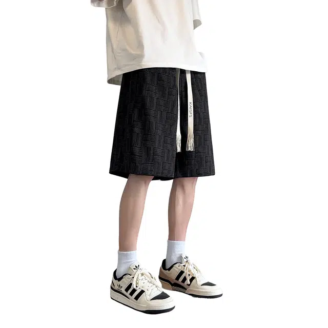 哲源 美式复古高街简约潮流系带小众设计感小香风千鸟格子直筒宽松时尚百搭舒适柔软薄款通勤运动基础款休闲短裤 男女同款