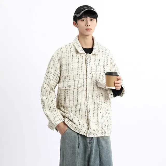 哲源 美式复古小香风格子外套男款春秋设计感大口袋单排扣休闲上衣潮牌日常通勤百搭宽松痞帅高级感修身显瘦翻领工装夹克 男女同款