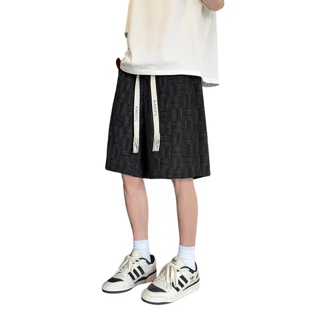 哲源 美式复古高街简约潮流系带小众设计感小香风千鸟格子直筒宽松时尚百搭舒适柔软薄款通勤运动基础款休闲短裤 男女同款