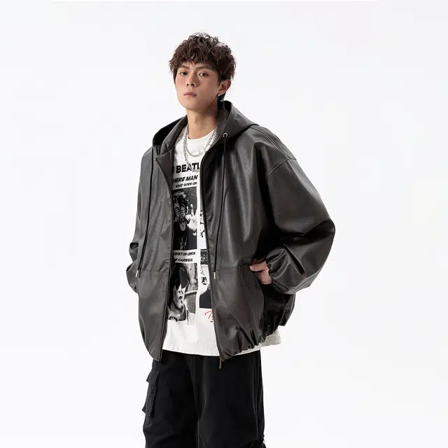 哲源 美式复古高街风连帽皮衣纯色简约设计感飞行员外套潮牌百搭宽松舒适防风防水潮流痞帅休闲夹克 男女同款