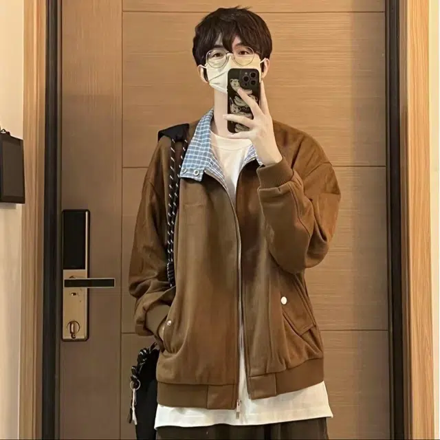 哲源 美式复古飞行员工装上衣格子拼接麂皮绒立体刺绣设计感潮牌百搭舒适休闲夹克外套 男女同款