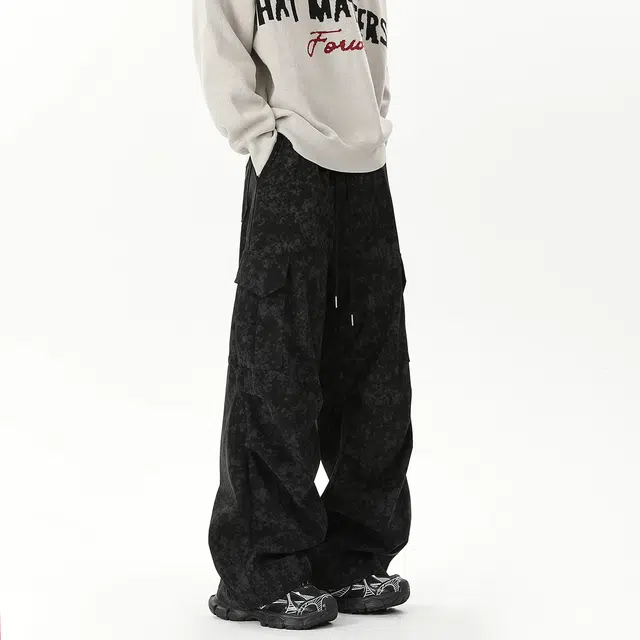 哲源 美式复古高街风长裤褶皱大口袋户外山系中腰松紧系带设计感工装裤潮牌百搭宽松舒适日常通勤显高显瘦直筒阔腿休闲裤 男女同款