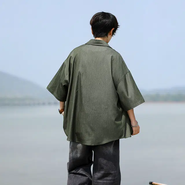 哲源 美式复古高街基础款冰丝牛仔垂感飘逸顺滑凉感高级感简约纯色无性别主义柔软亲肤舒适休闲百搭翻领短袖衬衫 男女同款