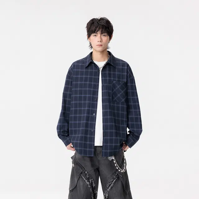 哲源 美式复古学院风格子扎染翻领单排扣百搭宽松舒适休闲长袖衬衫 男女同款