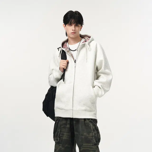 哲源 美式复古重磅开衫连帽男款春秋外套格子拼接设计感上衣潮牌百搭宽松舒适潮流痞帅情侣款休闲卫衣 男女同款