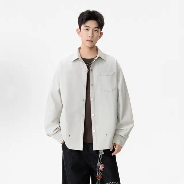 哲源 美式复古纯色简约单排扣设计感男款春秋外套潮牌百搭宽松舒适日常通勤落肩款长袖休闲衬衫 男女同款