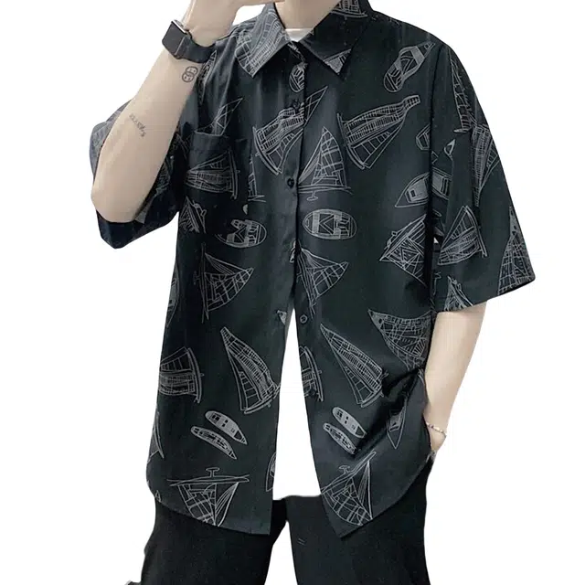 哲源 夏季薄款美式高街复古纯色满印图案卡通海边不规则沙滩旅游五分袖上衣百搭宽松休闲短袖衬衫 男女同款