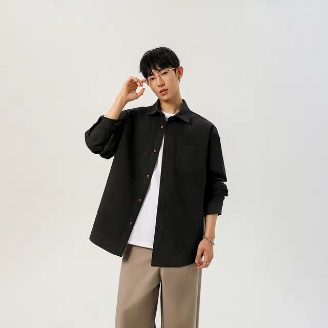 哲源 美式复古高街港风日系学院风纯色条纹设计感上衣潮牌百搭宽松舒适潮流痞帅翻领大码休闲衬衫 男女同款