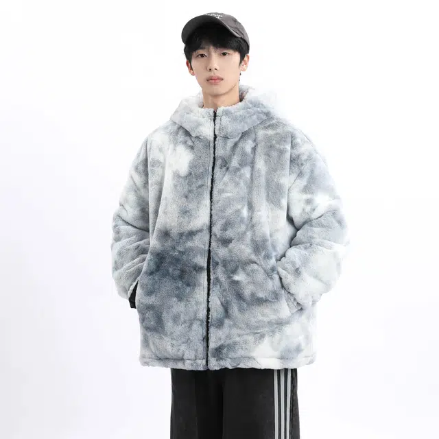 哲源 美式复古扎染羊羔绒基础款上衣加绒加厚时尚个性绒感痞帅休闲短款立领连帽棉服 男女同款