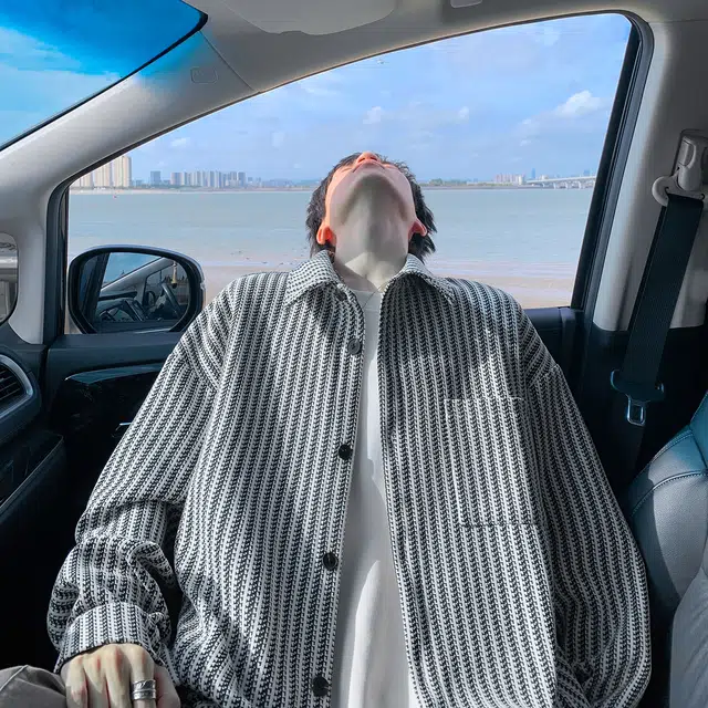 哲源 美式高街学院风秋季复古鱼骨条纹翻领单排扣设计感上衣潮牌百搭宽松舒适慵懒垂感情侣款休闲衬衫 男女同款