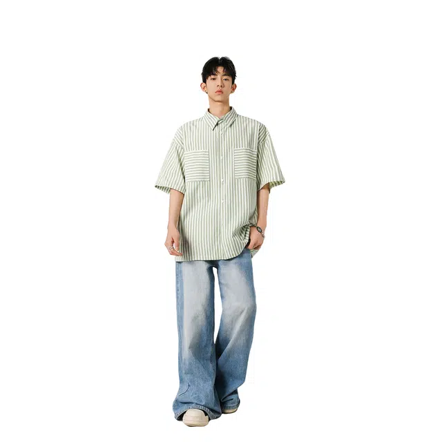 哲源 美式易打理条纹痞帅高级感潮牌宽松大码翻领休闲短袖衬衫 男女同款
