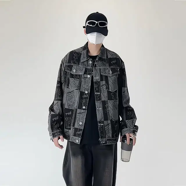 哲源 美式高街复古风涂鸦印花水洗做旧设计感潮牌百搭少年感宽松舒适工装机能风休闲牛仔夹克外套 男女同款