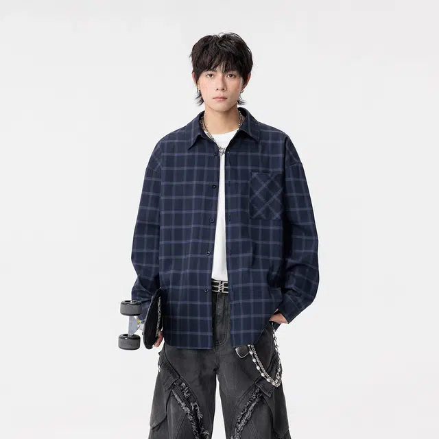 哲源 美式复古学院风格子扎染翻领单排扣百搭宽松舒适休闲长袖衬衫 男女同款