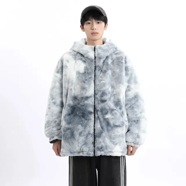 哲源 美式复古扎染羊羔绒基础款上衣加绒加厚时尚个性绒感痞帅休闲短款立领连帽棉服 男女同款