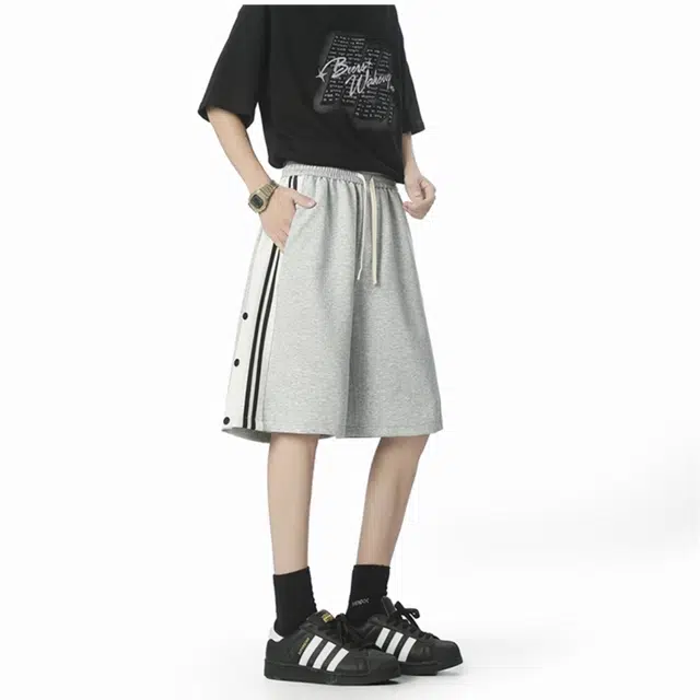 哲源 美式复古高街风户外街头拼接撞色薄款透气侧条纹侧面排扣设计百搭潮流系带直筒五分休闲短裤 男女同款