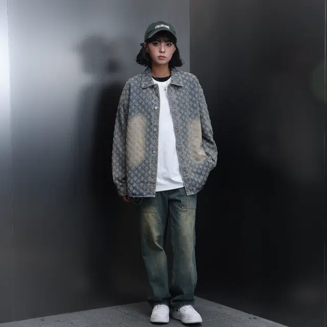 哲源 美式高街复古风提花满印水洗做旧设计感外套潮牌百搭宽松休闲痞帅时尚翻领耐磨基础款牛仔夹克 男女同款