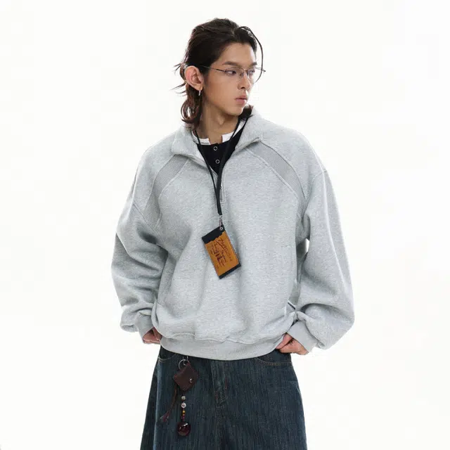 哲源 美式复古半拉链拼接撞色半高领设计感套头衫潮牌高街纯色简约休闲外套宽松舒适日常通勤潮流痞帅长袖卫衣 男女同款