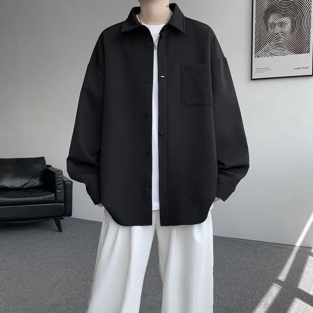 哲源 美式复古解构拼接简约基础款春秋外套潮牌百搭宽松舒适免烫叠穿日常通勤垂感慵懒长袖上衣衬衫 男女同款